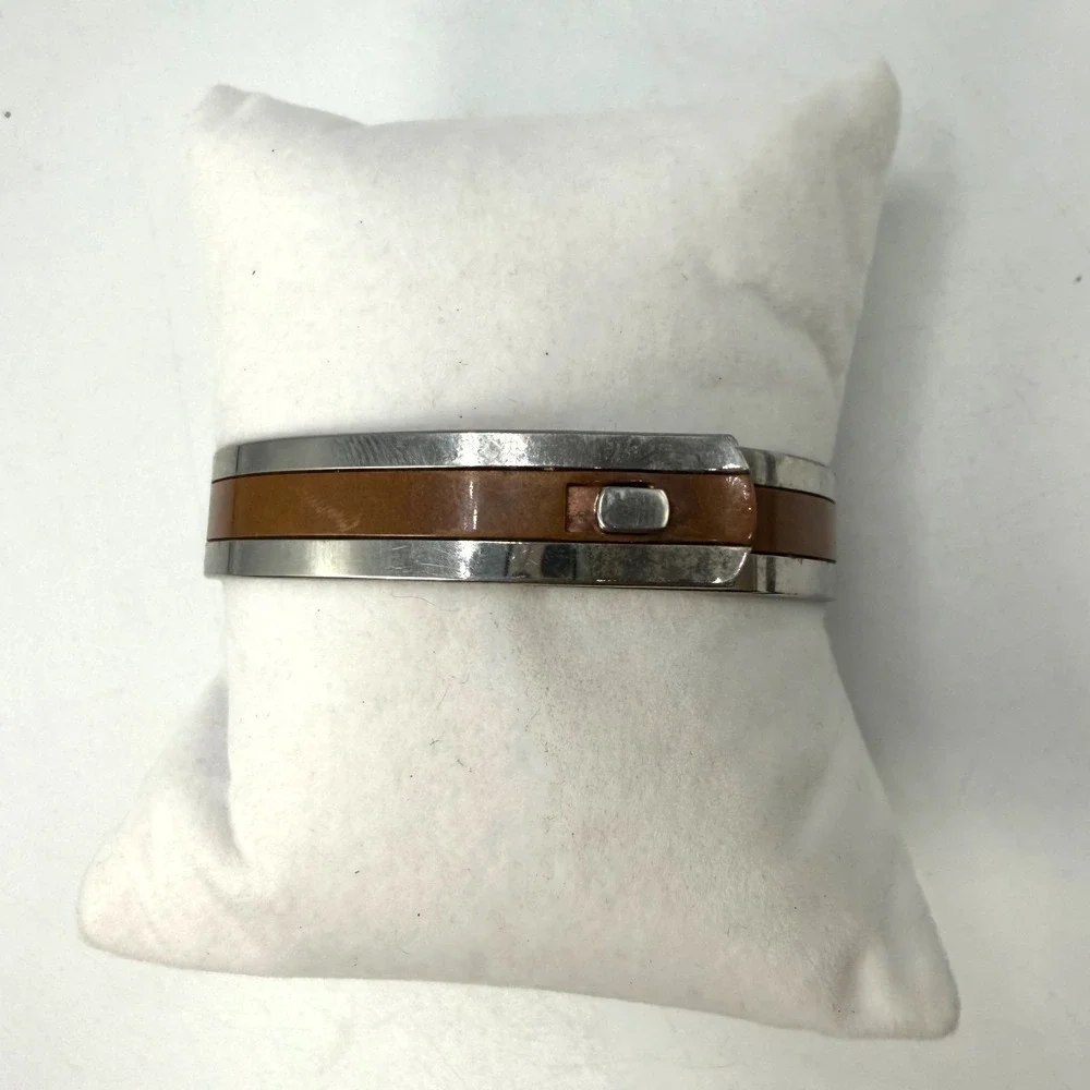 Avon Vintage Silver Tone Brown Inlay Modernist Bangle Bracelet Cuff Hook Clasp